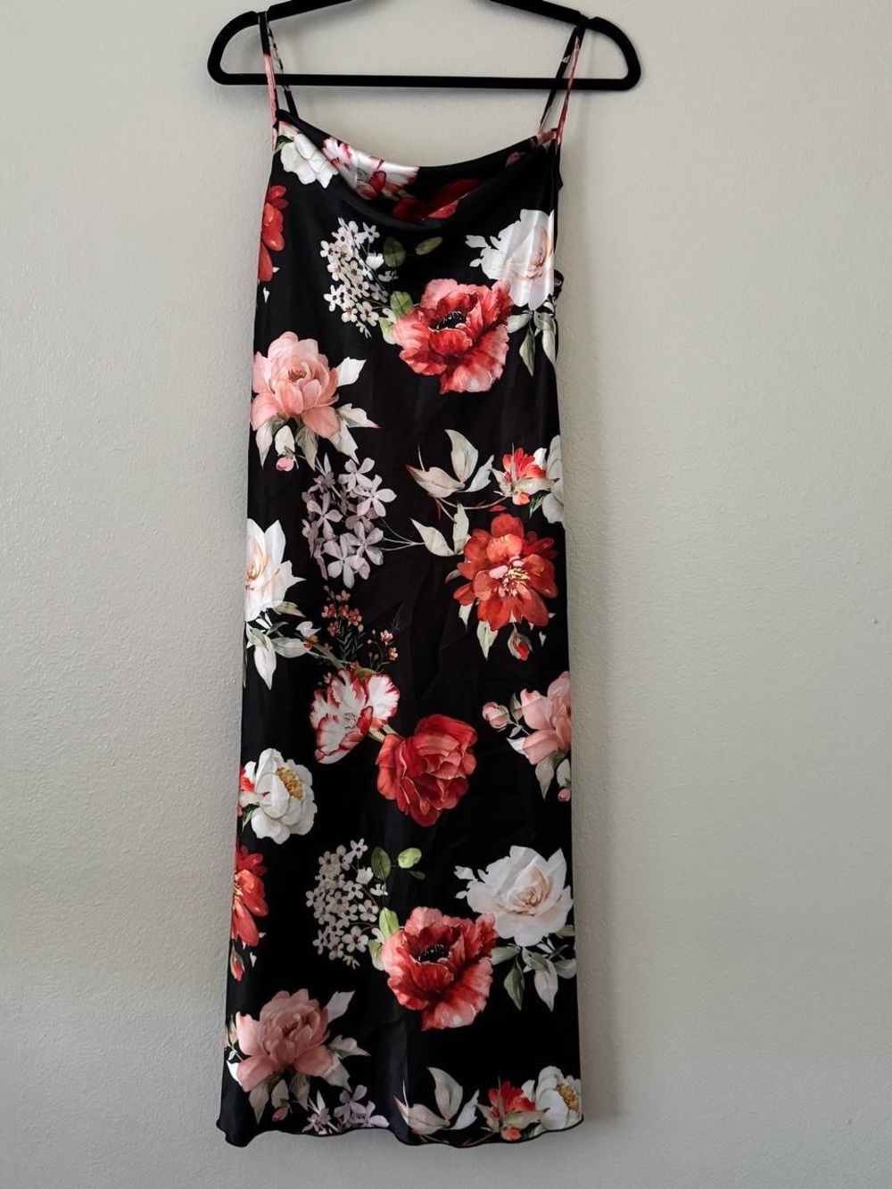 bebe Black Maxi Slip Skirt with Red & Pink Floral Print
